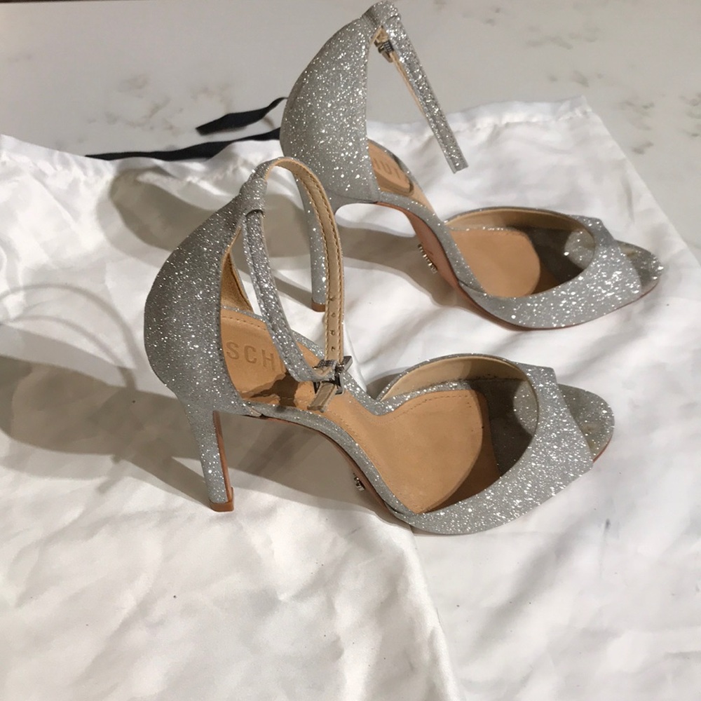 SCHUTZ glittery silver open toe heels